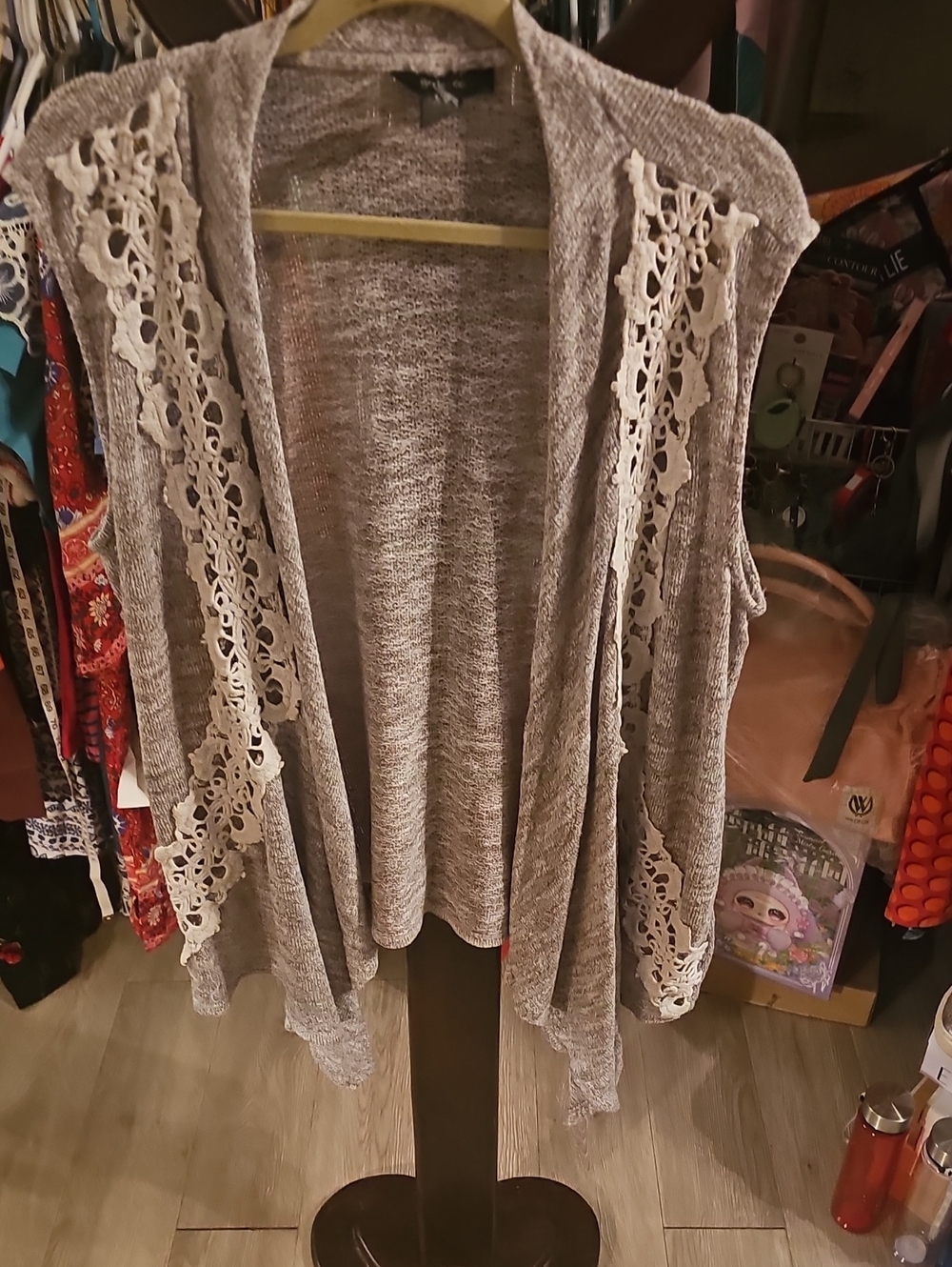 Style & Co. Gray Open-Front Knit Vest with Cream Lace Trim